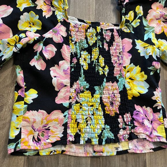 Who What Wear Floral Long Sleeve Cropped Peasant Blouse Size Medium Linen Blend - Picture 4 of 9